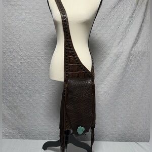 Rustic Western Dark Brown Crossbody Bag with Fringe and Turquoise Stone